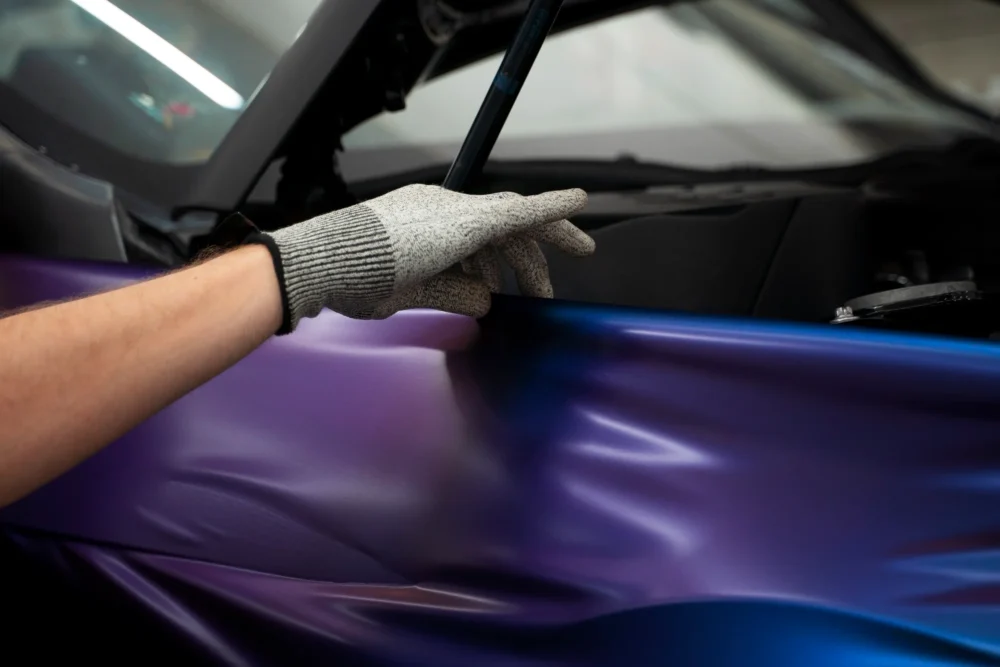 Gloved hands unrolling violet satin wrap film over a car hood