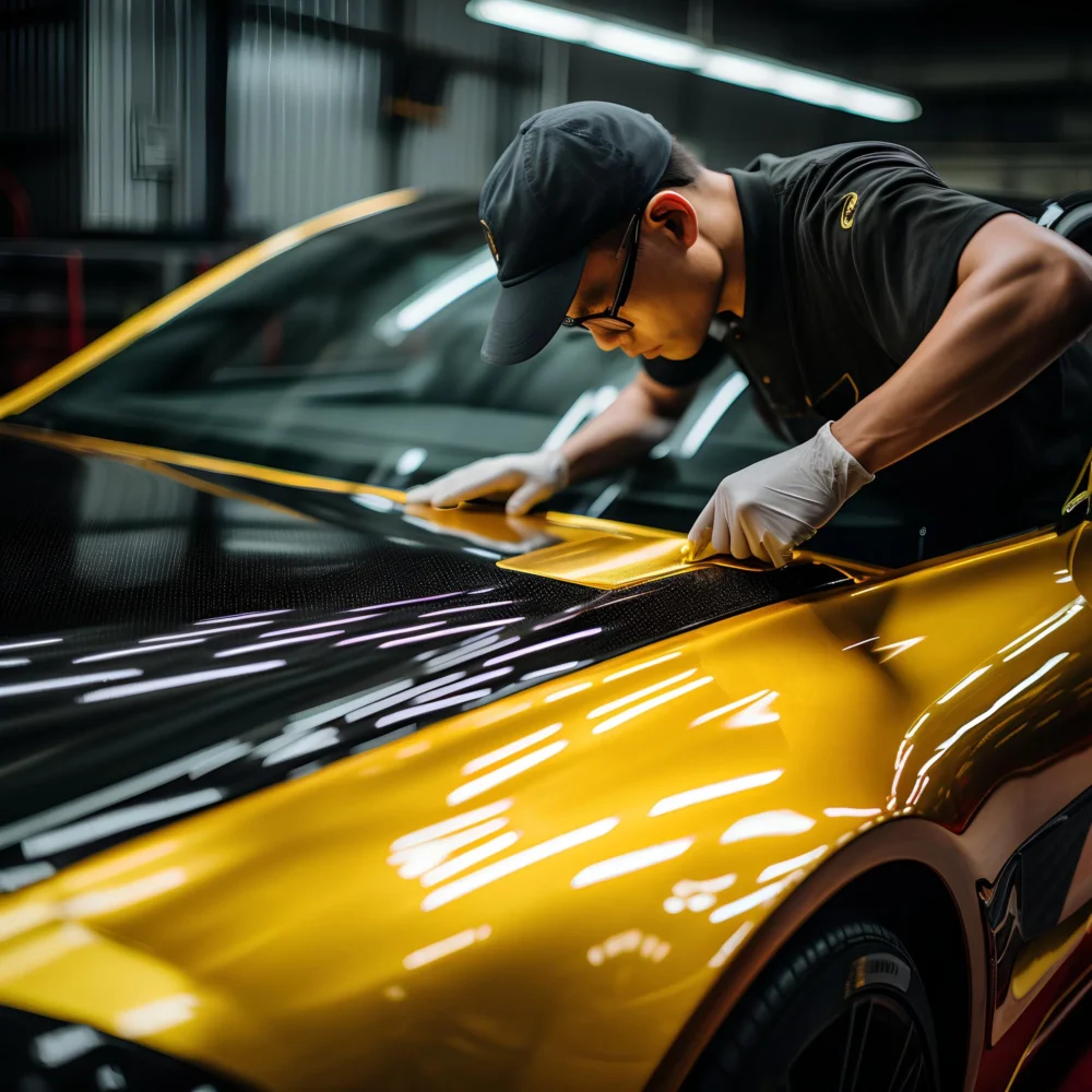 Hands applying gold color change wrap film to a black car