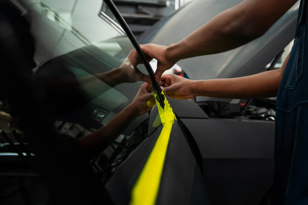 Installer trimming window tint film with a yellow squeegee
